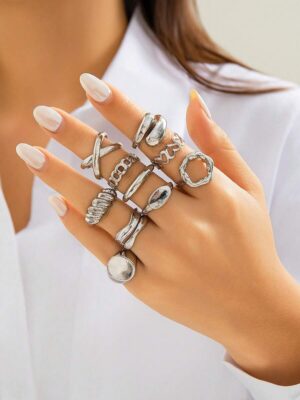 10pcs/Set Vintage & Simple & Fashionable Multielement Geometric Hollow Out Open Rings For Women