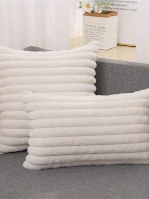 1pc White Rabbit Fur Striped One Side Pillowcase, Without Pillow Core, Solid Color Faux Rabbit Fur Cushion Cover, Suitable For Sofa And Car Pillows. Winter Warm Decoration