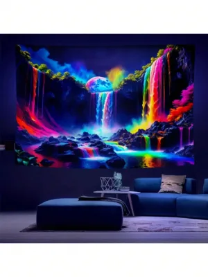 1 Piece Mountain Waterfall Rainbow Forest Fluorescent Tapestry, Color Changing Tapestry Under UV Blacklight With Galaxy Natural Landscape, Wall Hanging Decoration For Living...