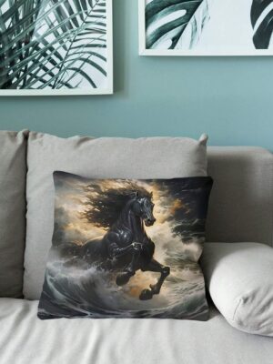 1pc Black Horse & Wave Short Plush Pillowcase With Zipper, One-Sided Printing, Home Decor For Sofa & Bedroom, Pillow Core Not Included, 18x18 Inches