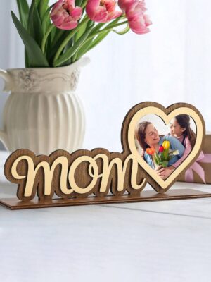 1Pc DIY Mother's Day Gift For Mom,Wood Heart Shape Photo Frame For Table Decor