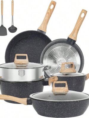 12pcs Pots And Pans Set Non Stick Kitchen Cookware Sets Induction Cookware Nonstick Granite Cooking Set With Frying Pans, Saucepans, Steamer Silicone Shovel Spoon & Tongs (Black)