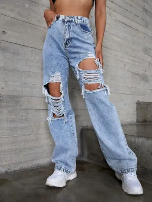 Ripped Cut Out Wide Leg Jeans