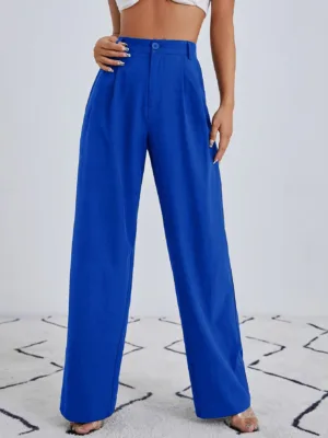Essnce Zipper Fly Fold Pleated Solid Wide Leg Pants