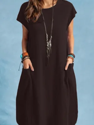 Women Round Neck Solid Color Batwing Sleeve Dress With Pockets For Summer