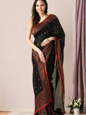 Indian Ethni Mirror Work Saree Blouse Zari Woven Jaquard Print Women Sari