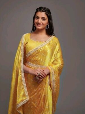 Indian Ethnic Wear Yellow Satin Silk Saree Jacquard Bandhani Women Sari Blouse