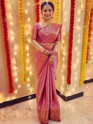 Indian Ethnic Litchi silk Saree Blouse Zari Woven Print Women Sari