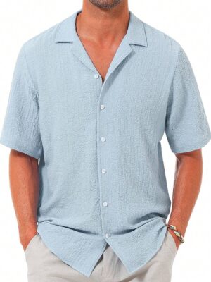 Men's Casual Solid Color Textured Short Sleeve Button Down Shirt