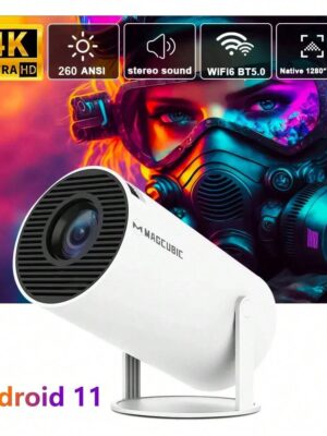 HY300 Android 11 Portable Outdoor Projector With Brightness Of 260 Lumens, WIFI6, Bluetooth 5.0, Allwinner H713 Chipset, Support 1280*720P 4K 3D