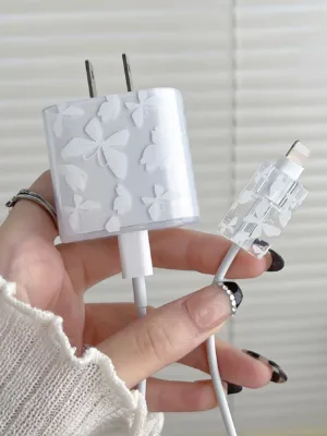 2pcs Butterfly Printed Apple Charging Adapter Protective Cover Set, Compatible With 20W Fast Charging Adapter And 18W Data Cable, Fashionable Design For Women