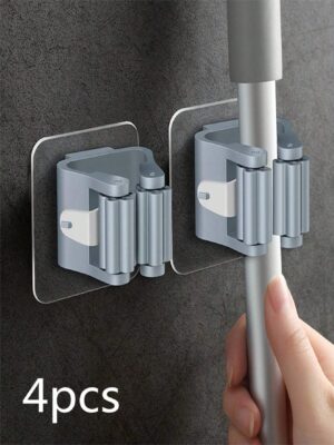 4pcs Gray Adhesive Mounted Mop Holder Broom Hanger Without Drilling, Bathroom Storage Hooks,Kitchen,Kitchen Items,Cleaning,Kitchen Towel