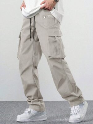 Manfinity Hypemode Loose Fit Men's Drawstring Waist Cargo Pants With Flap Pockets On The Sides