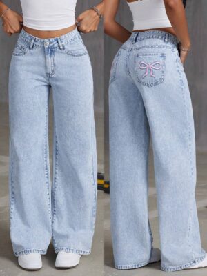ICON Women Embroidered Bowknot Washed Denim Jeans