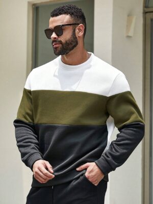 Manfinity Homme Men Plus Size Spring And Autumn Loose Casual Pullover Sweatshirt With Colorblock Round Neck And Long Sleeves