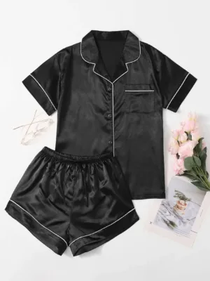 Contrast Binding Button Front Satin PJ Set
