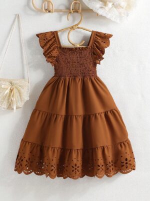 Young Girl Eyelet & Ruffle Trimmed Smocked Bodice Dress