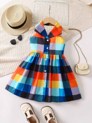 Young Girl Plaid Print Button Front Shirt Dress