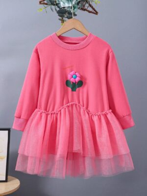 Young Girl Floral Patched Contrast Mesh Sweatshirt Dress