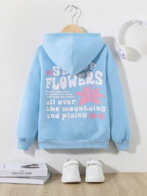 Tween Girls' Casual Knitted Hoodie With Back Pattern & Slogan Print For Autumn And Winter