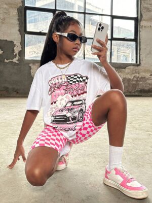 Tween Girls' Cool Street Style Knit Round Neck Short Sleeve T-Shirt And Plaid Pattern Shorts Set