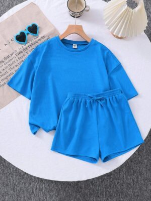 Tween Girls' Knit Solid Color Loose Fit Short Sleeve Top And Shorts, Casual Outfit Set
