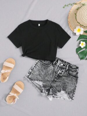 Tween Girls' Spring Summer Boho Trendy 2 Pieces Solid Short Sleeve Tee& Stonewashed Distressed Ripped Raw Hem Wrap Denim Jeans Shorts Set,Summer Girls Clothes Outfits