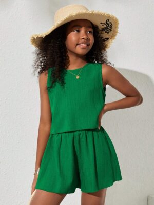 Tween Girls' Casual Solid Color Sleeveless Woven Top And Shorts Set, Spring/Summer