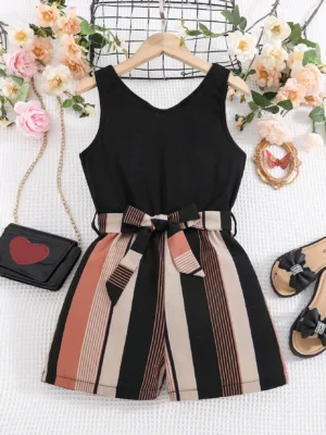Tween Girl Striped Print Belted Tank Romper