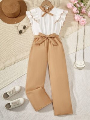 Tween Girls' Summer Casual Jumpsuit With Bow Decorated Stand Collar And Ruffled Edge