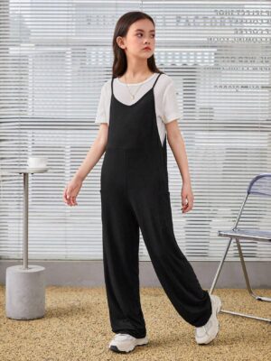 Tween Girls' Casual Knit Solid Color V-Neck Strappy Jumpsuit For Spring/Summer