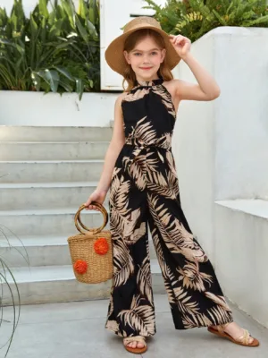 Tween Girl Tropical Print Halter Neck Belted Jumpsuit