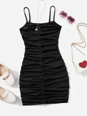 Teenage Girls' Knitted Solid Color Pleated Cami Dress, Suitable For Summer
