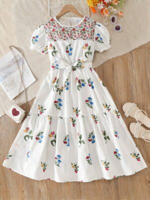 Teen Girls Summer Floral All-Over Printed Puff Sleeve Dress Suitable For Daily Commuting Parties Casual Birthdays
