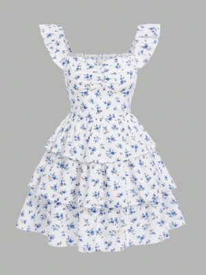 Teen Girls Ditsy Floral Print Ruffle Trim Ruched Bust Two Layer Hem Dress