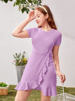 Teen Girls Solid Ruffle Trim Wrap Hem Dress