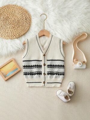 Young Boy Spring Casual Geometric Pattern V-Neck Sleeveless Vest Cardigan