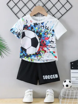 Young Boy Black/white Letter Printed Casual Sporty Short Sleeves T-shirt + Shorts Set With Crew Neck, For Summer