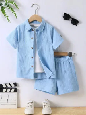 Young Boy Solid Button Front Shirt & Shorts Without Tee