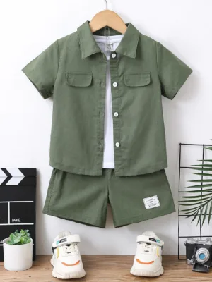 Young Boy Green Letter Print Casual Cool Turn Down Collar Regular Sleeve 2pcs/set For Summer