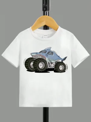 Young Boy Casual Car Printed Short Sleeve Round Neck T-Shirt Suitable For Summer