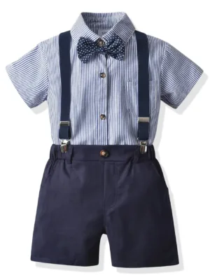Young Boy Bow Neck Stripe Shirt & Suspender Shorts
