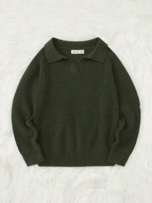 Tween Boy Casual Loose Fit Long Sleeve Square Neck Pullover Sweater