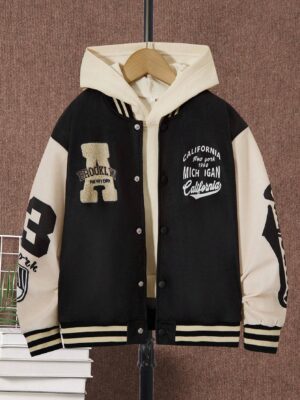 Tween Boy Contrast Color Block Letter Print Baseball Jacket