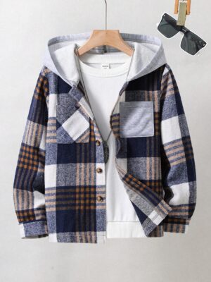 Tween Boy Plaid Print Hooded Coat Without Sweatshirt