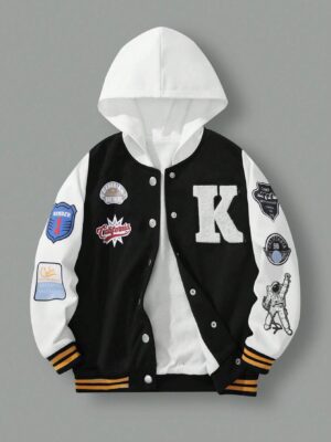 Tween Boys' College-Style Sport Baseball Jacket With Badge & Print & Patchwork Design Hoodie