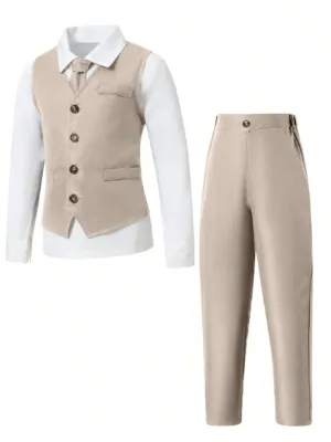 Tween Boy Gentleman 2pcs/Set Vest With Front Buttons & Long Trousers Suit, No Shirt And Accessories For Birthday Party, Evening Party, Performance, Wedding, Baptism, First...