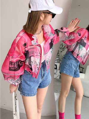 Women's Slogan Printed Short Sunscreen Jacket, UV Protection And Breathable