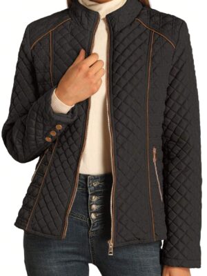 Solid Zip Front Quilted Coat