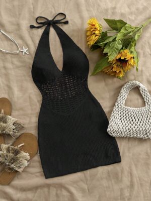 WYWH Holiday Halter Backless Slim Knitted Dress With Neck Tie
